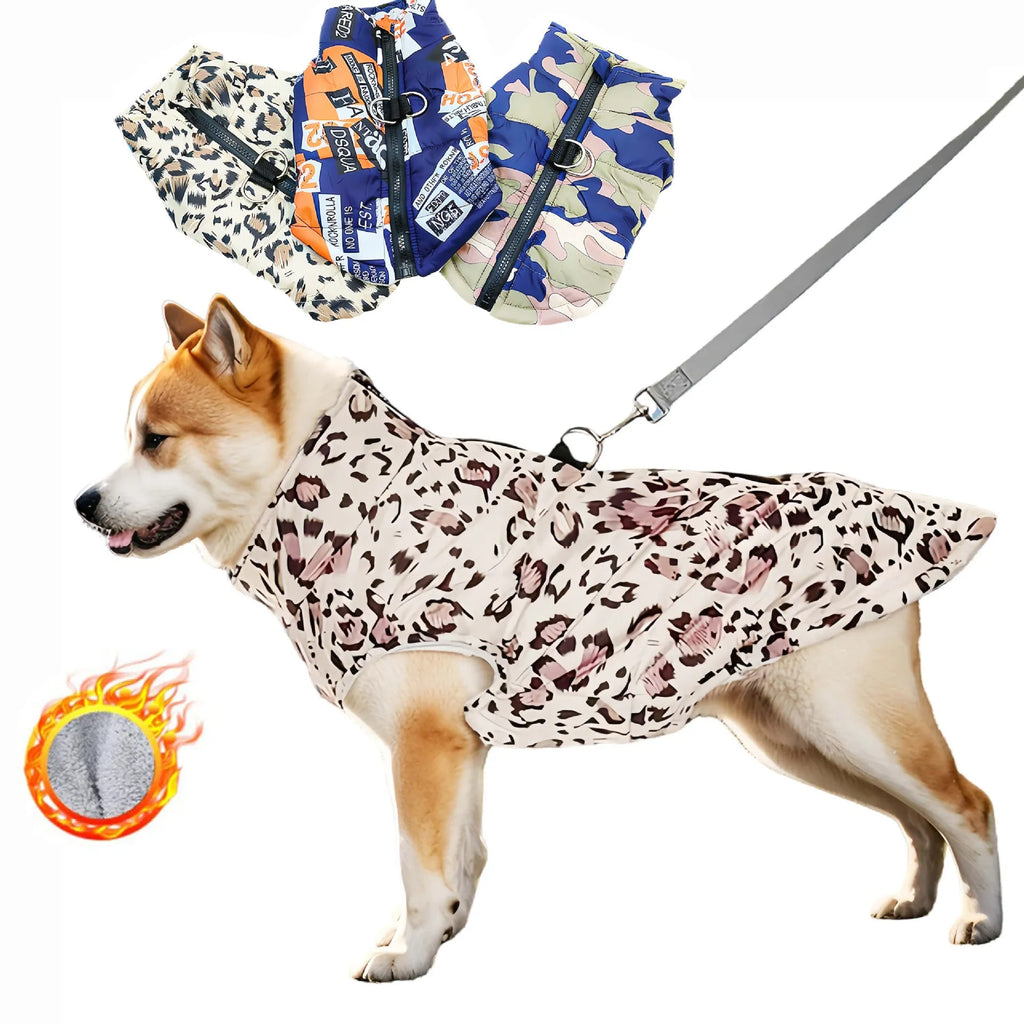 Pet fleece zipper waterproof cotton-padded coat in dark blue, leopard print or camouflage, sizes S to 5XL.