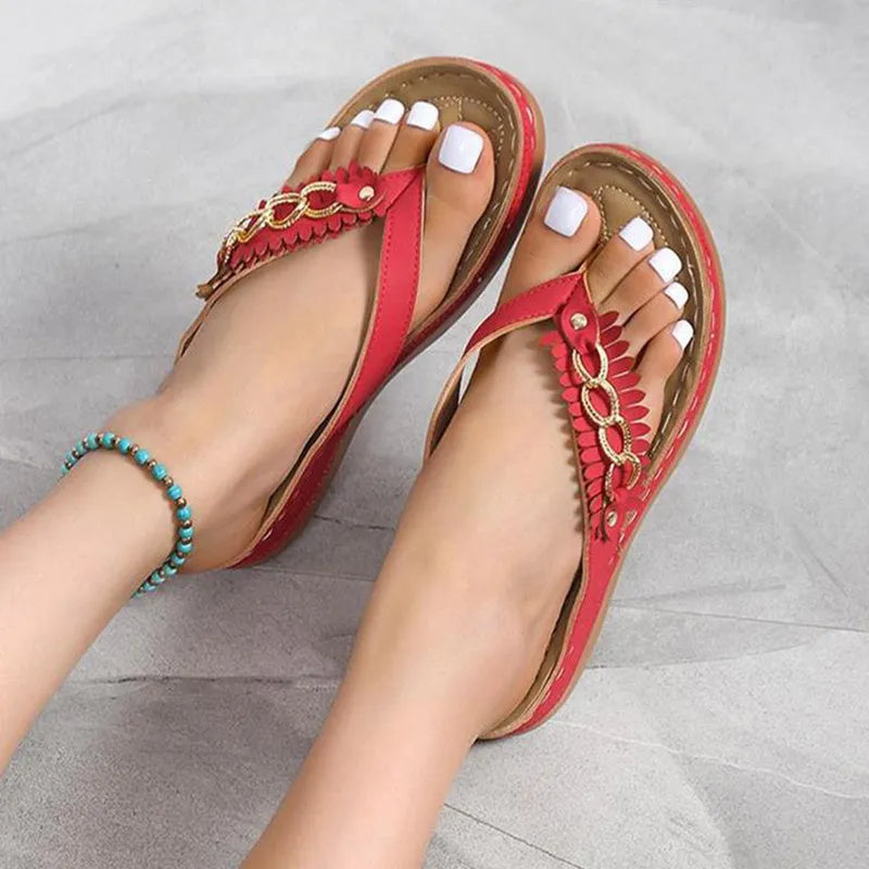 Women's wedge sandals with chain detail, artificial PU upper, anti-slip rubber sole, red dark brown black, sizes 36-43
