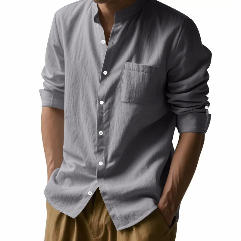 Men's long sleeve stand collar shirt with pockets in light blue, khaki, white, black or dark grey, sizes S to XXXL