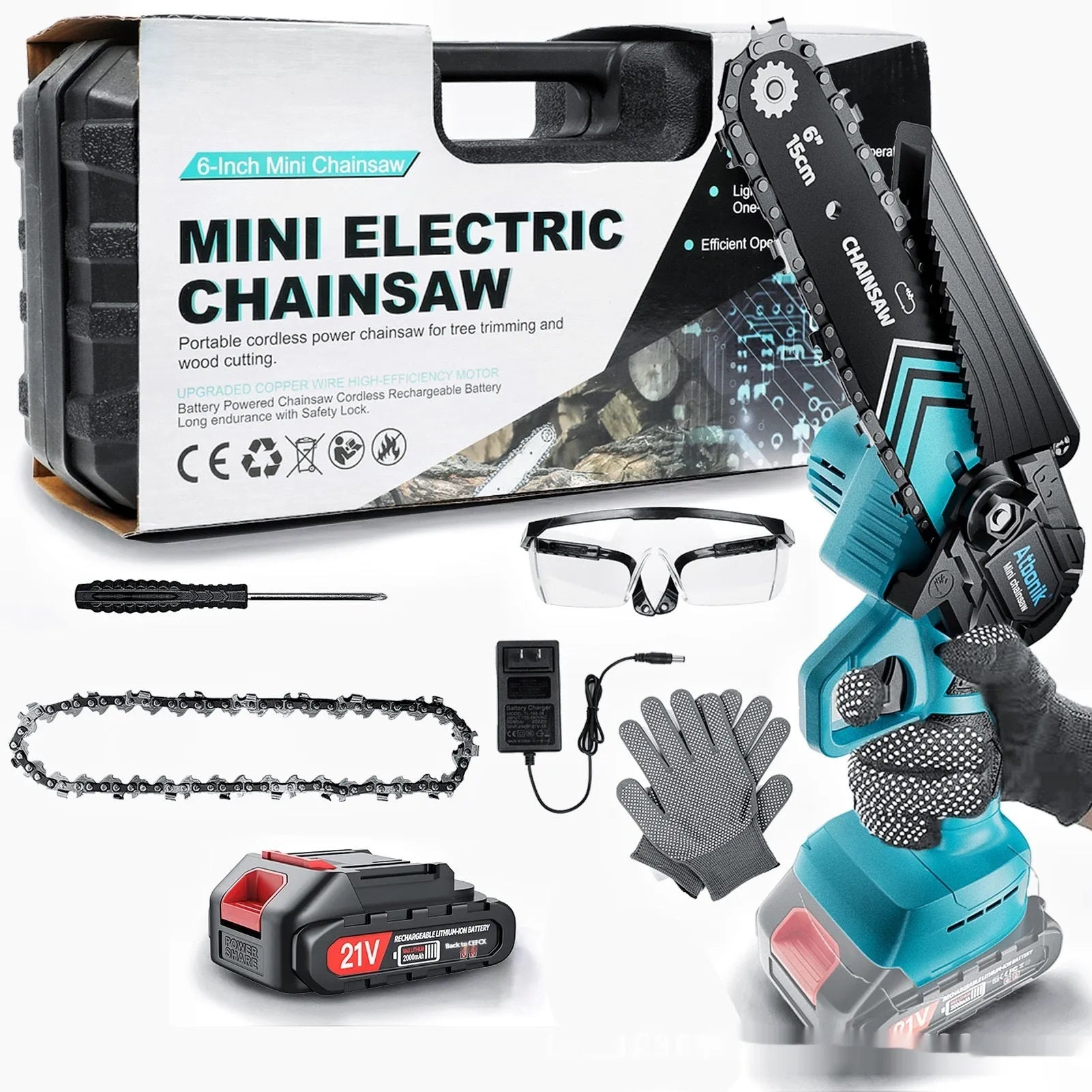 6-inch hand held wireless rechargeable lithium electric chainsaw kit with two batteries and storage box