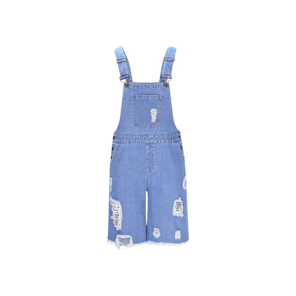 Man wearing dark blue ripped denim shorts with black suspenders, casual leisure style