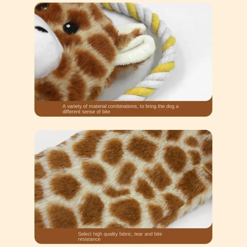 Plush dog toy shaped like zebra with rope and squeaker on white background