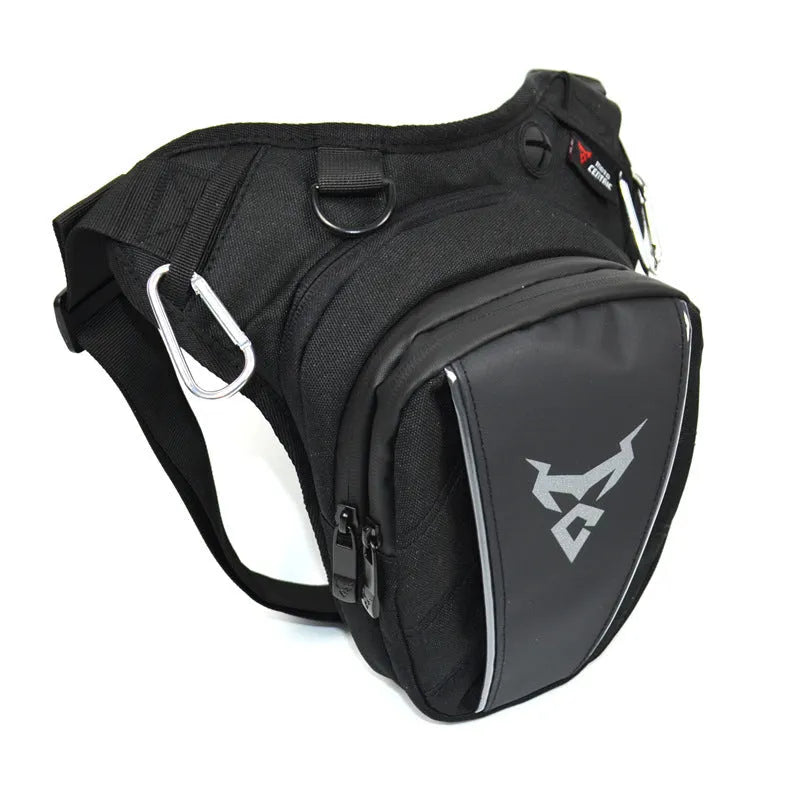 0105MC motorcycle leg bag in 1200D Oxford cloth shown in red, blue, green, and grey colour options