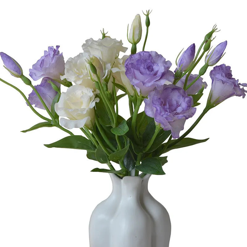 22cm artificial Eustoma stem with 3 silk flower heads in beige, pink, light lotus, purple or orange