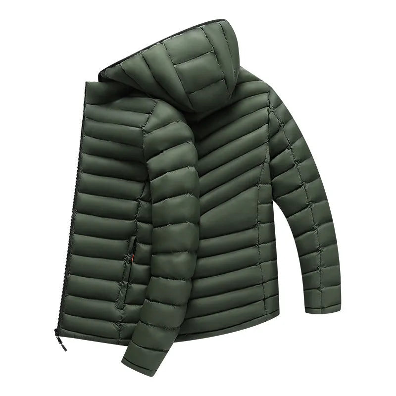 Men's lightweight padded jacket with hood and detachable collar in army green, showing zip front and pockets.