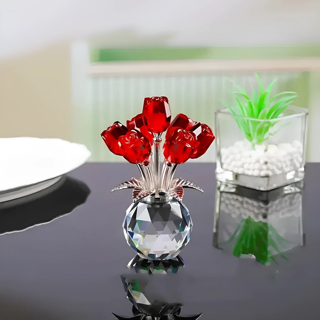 K9 crystal glass rose decorative craft in Chinese-style geometric form on a plain background.