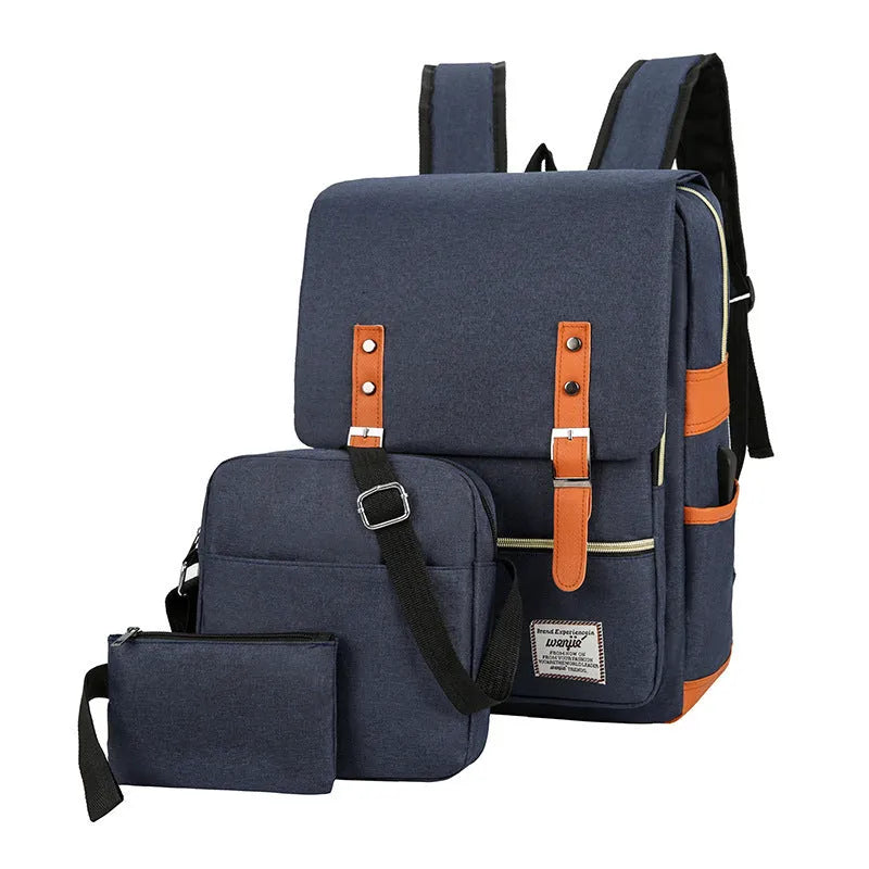 Three-piece business backpack set in Oxford cloth with curved shoulder straps, shown in wine red colour