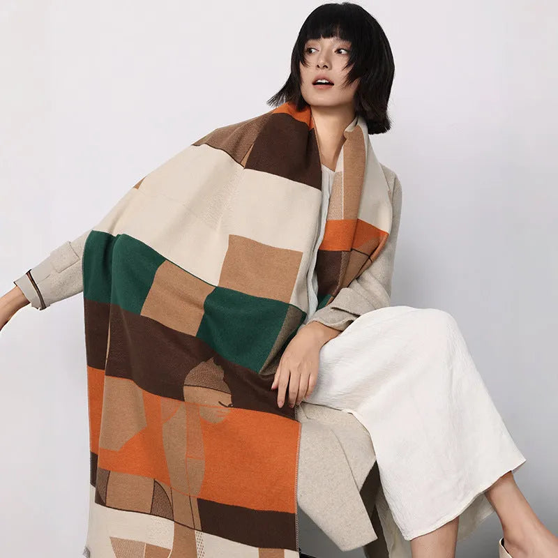 Long 185x65cm polyester autumn scarf in European style draped showing colour options