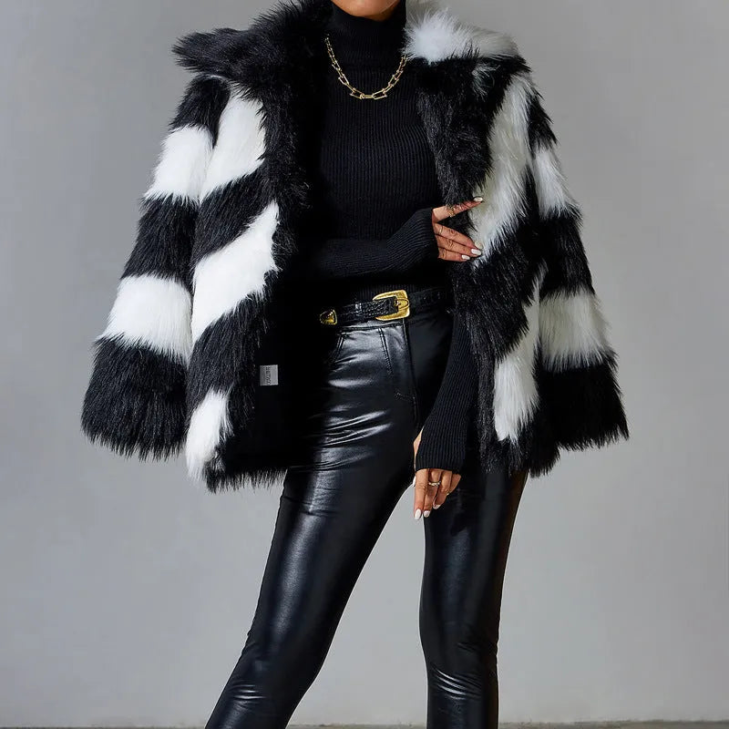 Faux fur coat with contrast lapels and matching fur collar showing 50cm length