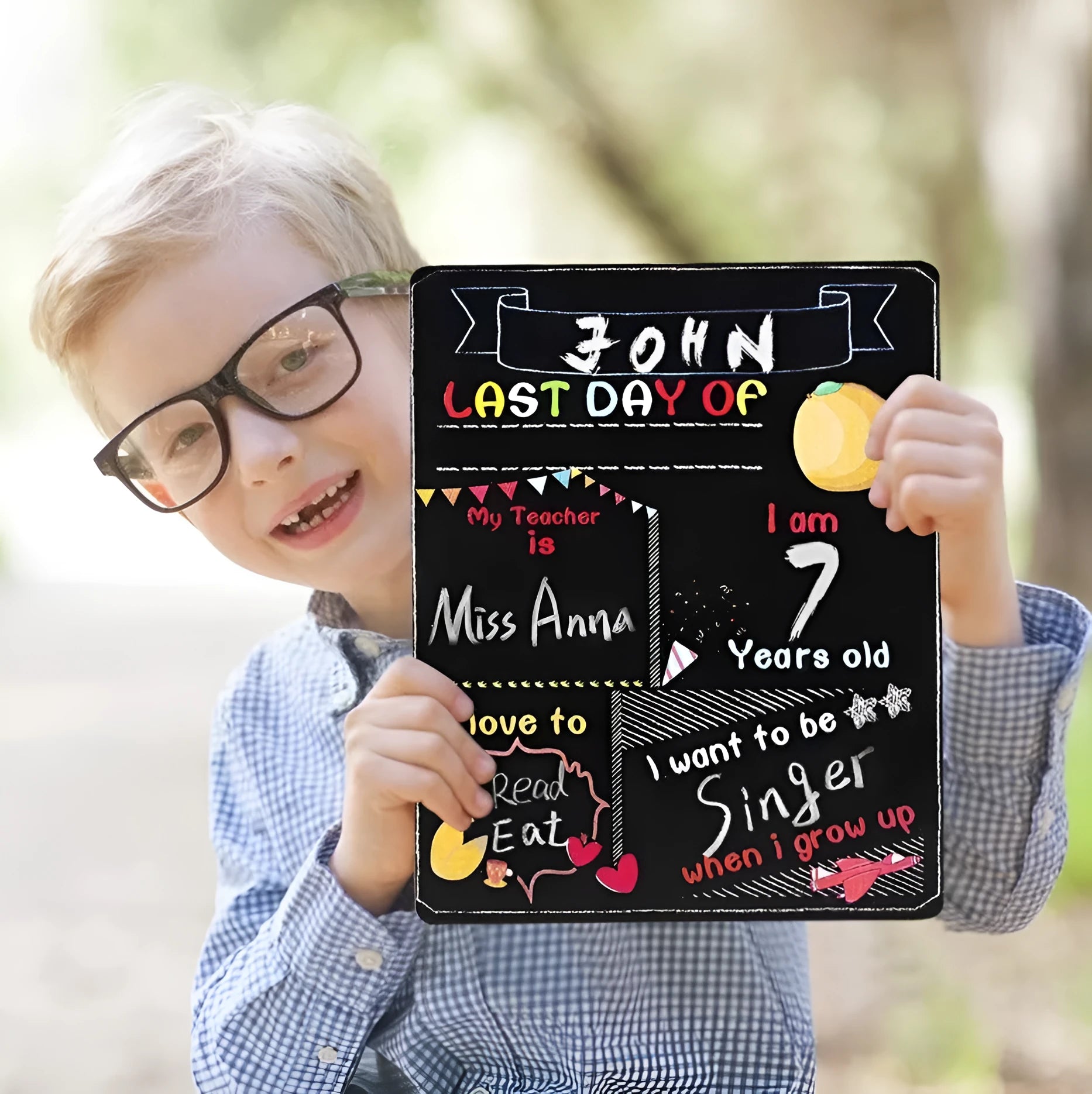 Black wooden First Day of School blackboard sign measuring 255mm by 300mm