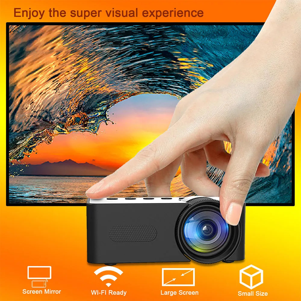 Black mini portable projector with USB power, wireless screen mirroring, 101x78x40mm body, and 165g weight