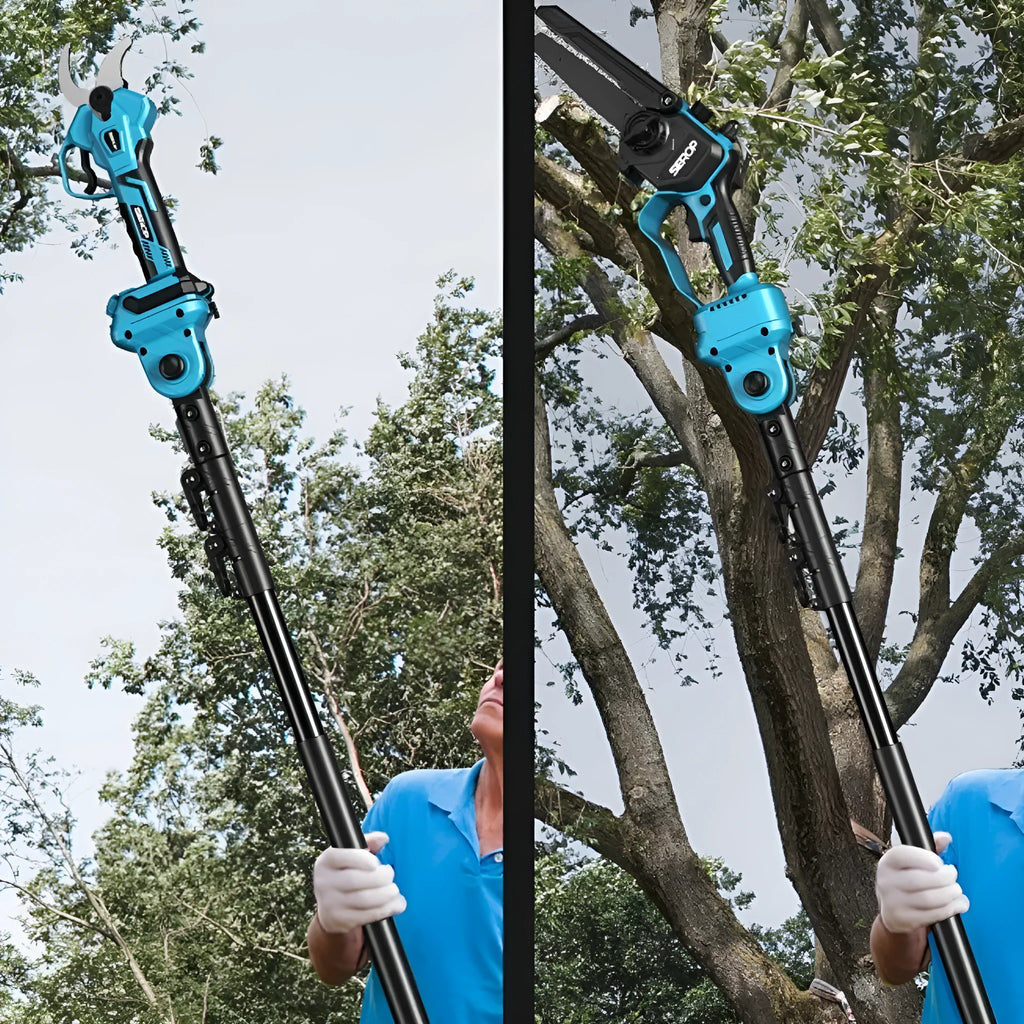 6-inch brushless electric pruning saw with 2.5 m high branch rod, 10 sections, 21V batteries, and SK5 steel blade