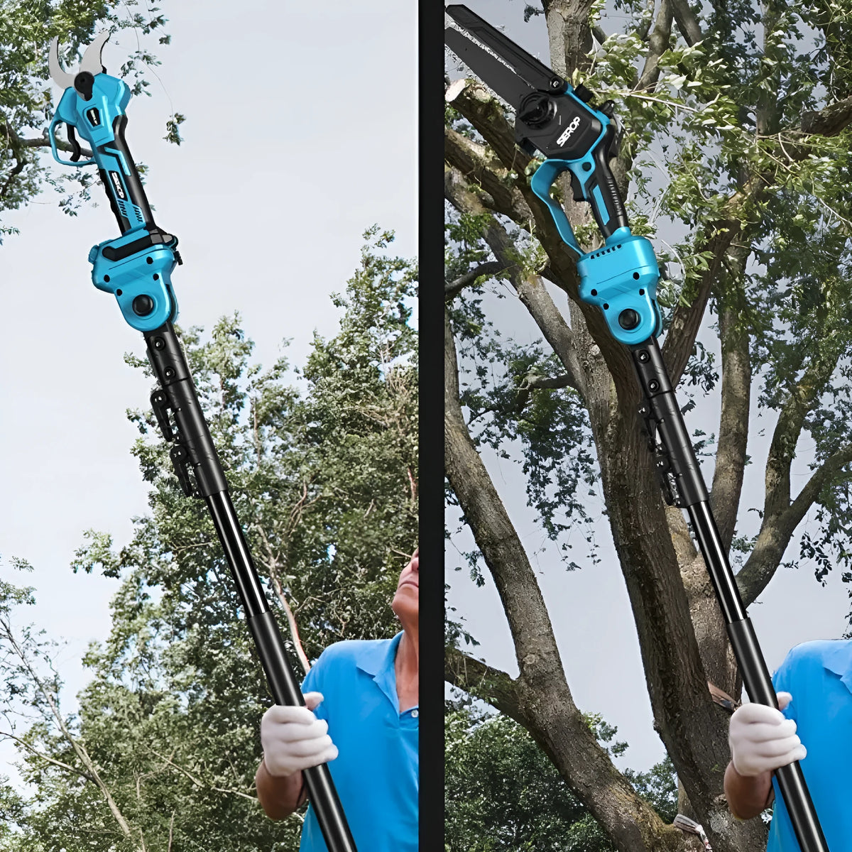 6-inch brushless electric pruning saw with 2.5 m high branch rod, 10 sections, 21V batteries, and SK5 steel blade