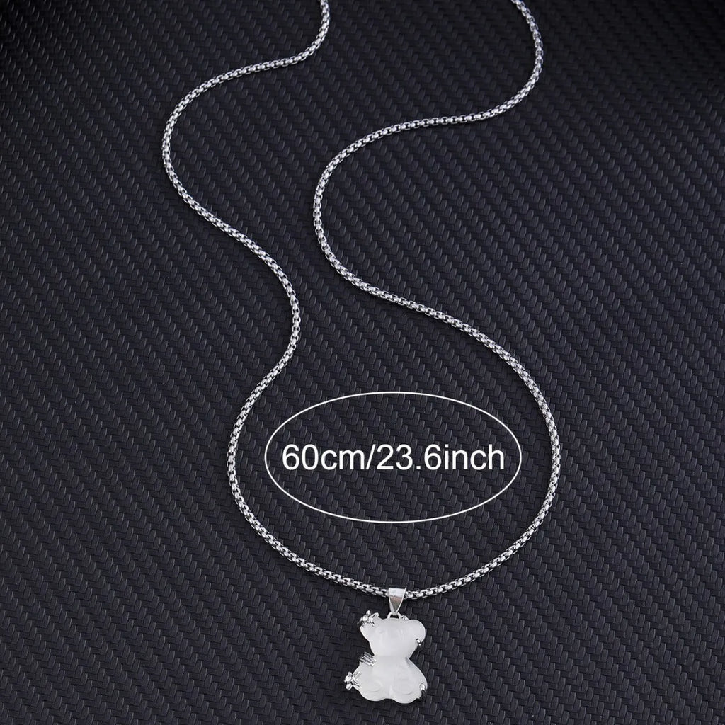 Little bear pendant necklace with white K-colour alloy charm and titanium steel lock chain for casual wear