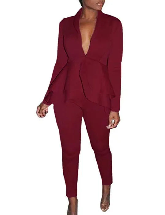Women's white polyester business uniform set consisting of a shirt and pencil trousers on a hanger.