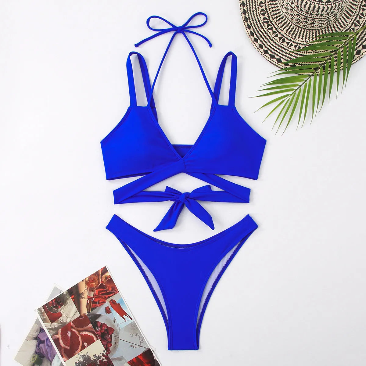 Women's solid colour beach bikini swimsuit in black, red, blue, rose red or white with adjustable straps