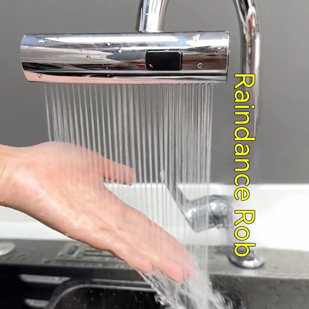 Black ABS kitchen faucet extension with rotating bubbler and waterfall outlet mode on a modern sink