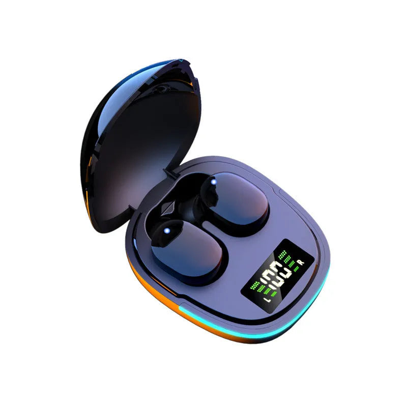 Black true wireless Bluetooth headphones with charging case and multiple ear caps