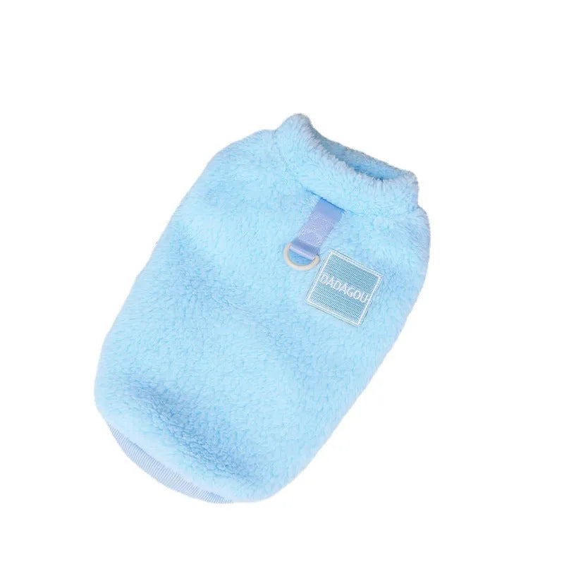 Blue coral fleece casual jacket for a dog on a white background.