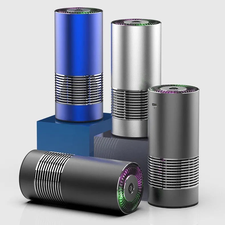 Black aluminium alloy car air purifier with USB cable on a car dashboard
