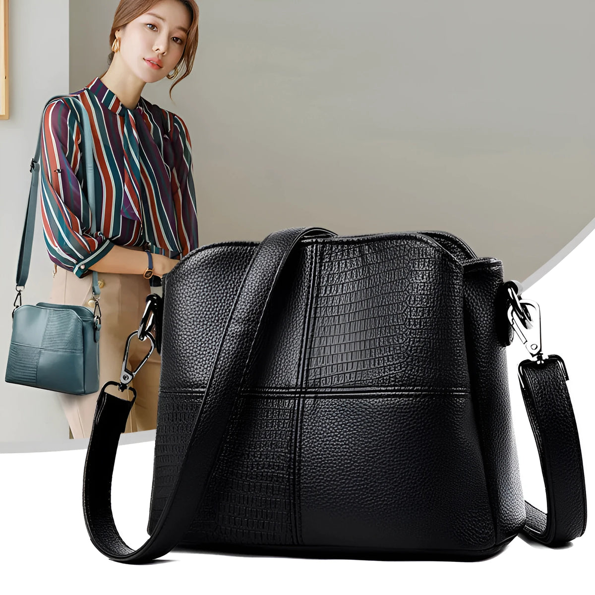Retro ladies small bucket bag in PU with multilayer zip pockets and double-joint shoulder strap, shown in black, red, or purple.