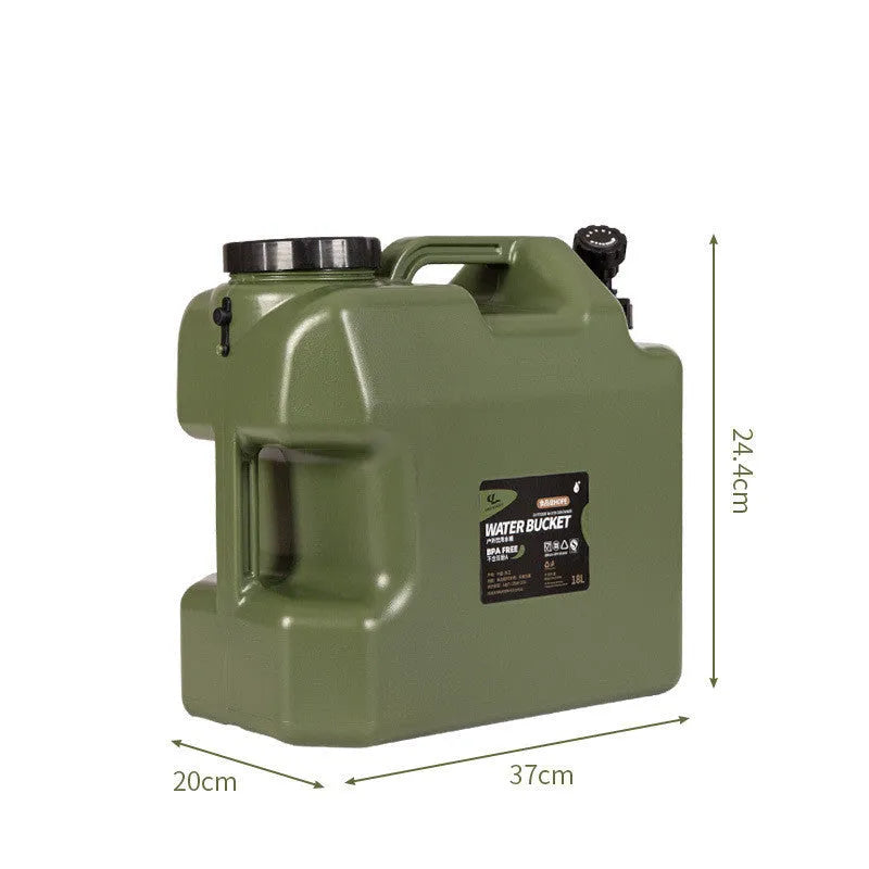 Portable 18L square PE plastic water storage container with faucet in army green for camping and car use