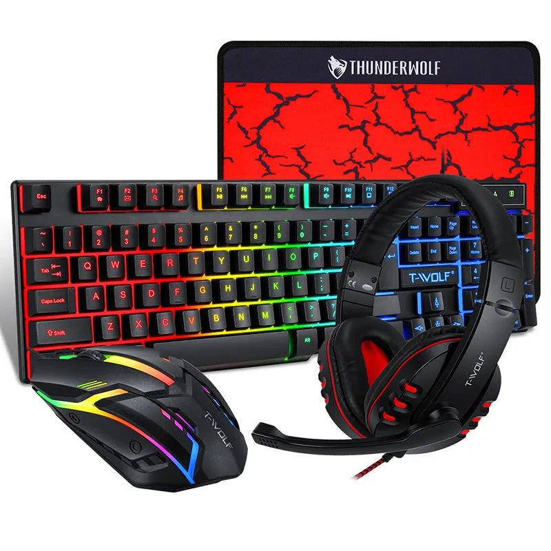 Thunder Wolf gaming keyboard and mouse set with wired USB connections and included mouse pad
