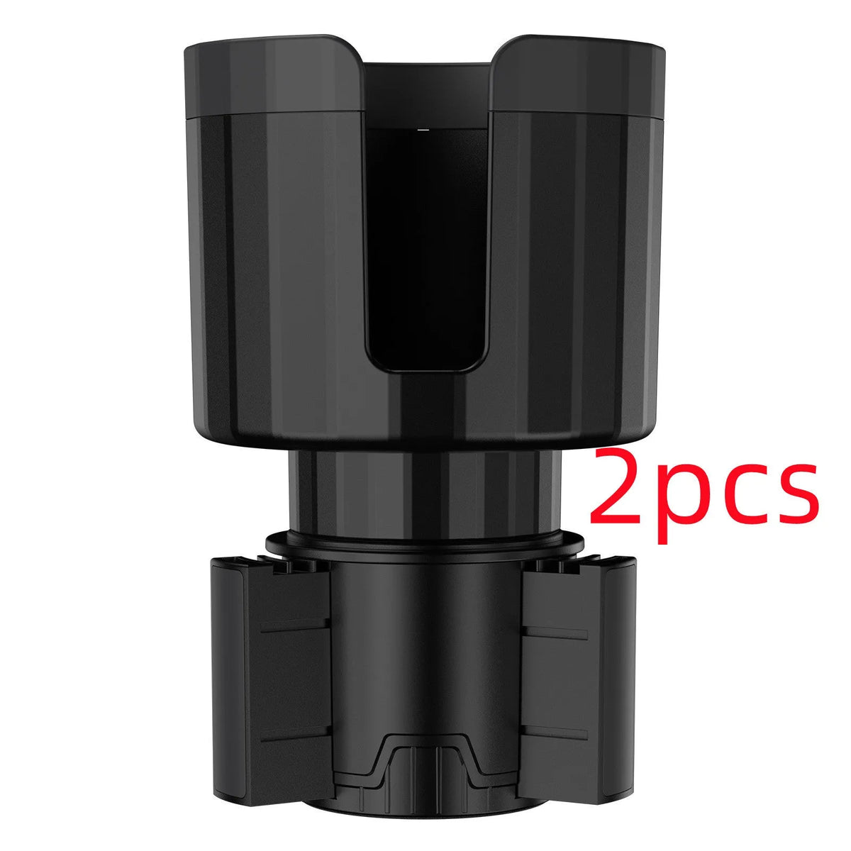 Matte black adjustable car cup holder expander for large bottles and cups on a car centre console.