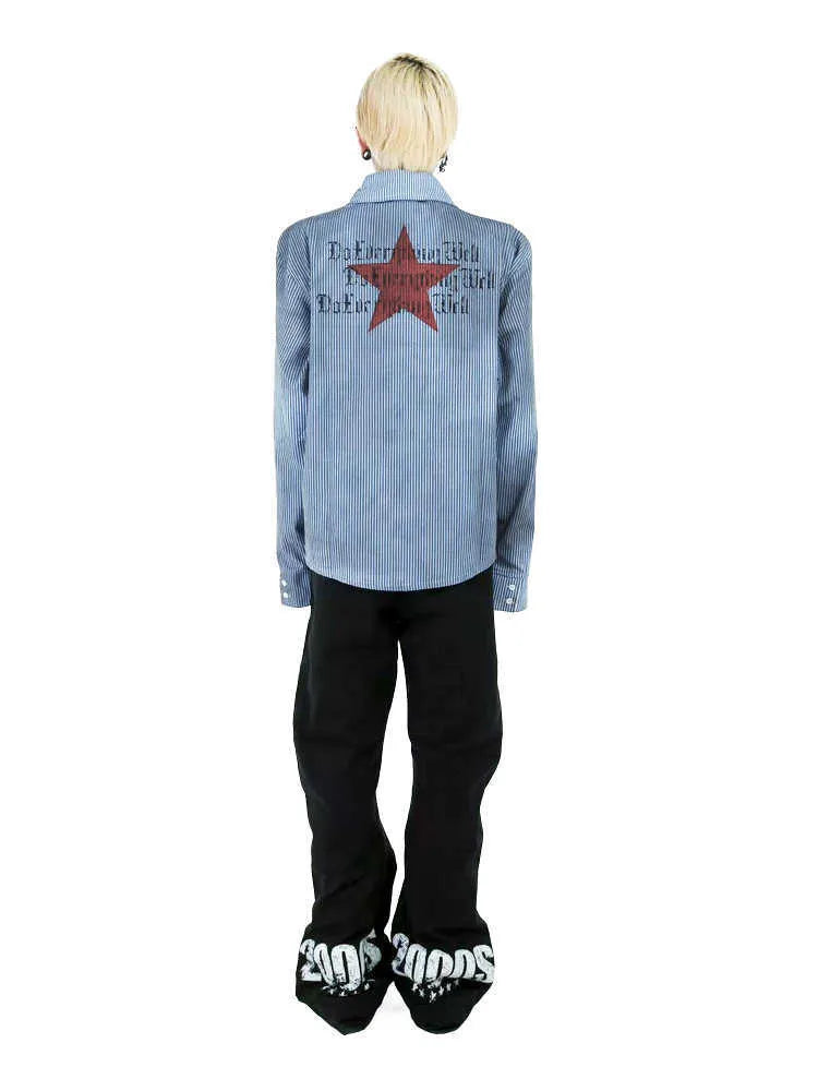 Men's washed blue striped casual shirt with long sleeves and lapel collar