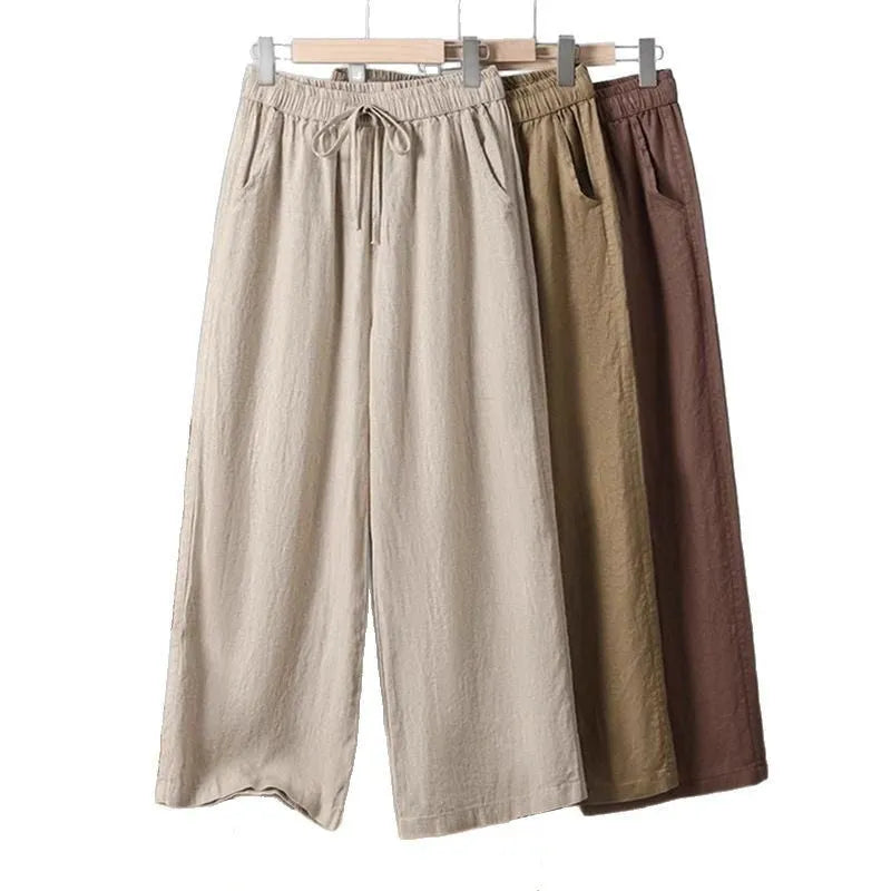 Women's apricot straight-leg casual pants with elastic waist and lace-up drawstring