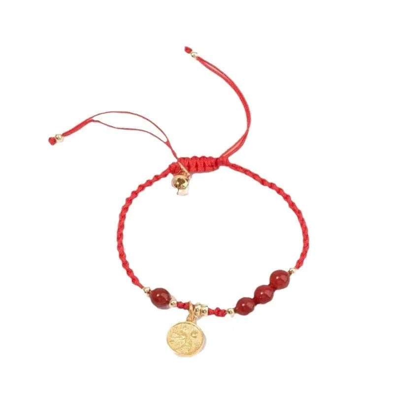 Cinnabar braided rope bracelet with blessing card in black, red, or wine red, round bead or five petal flower style