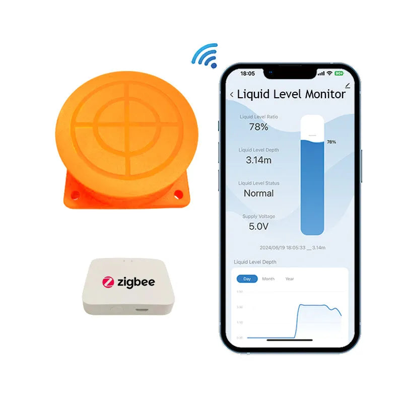 Moray ME201W wireless fluid level sensor with PC housing for remote tank monitoring via smartphone app.