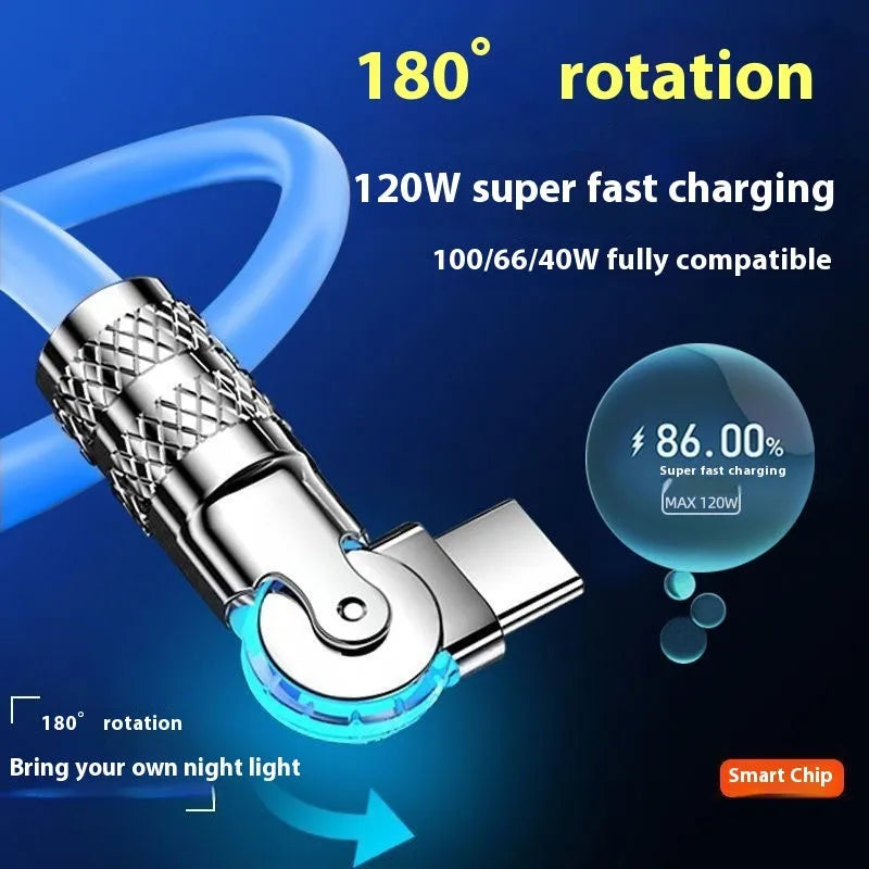 Rotatable USB-C fast charging cable 120W 6A with zinc alloy elbow connector, blue colour, 1m length