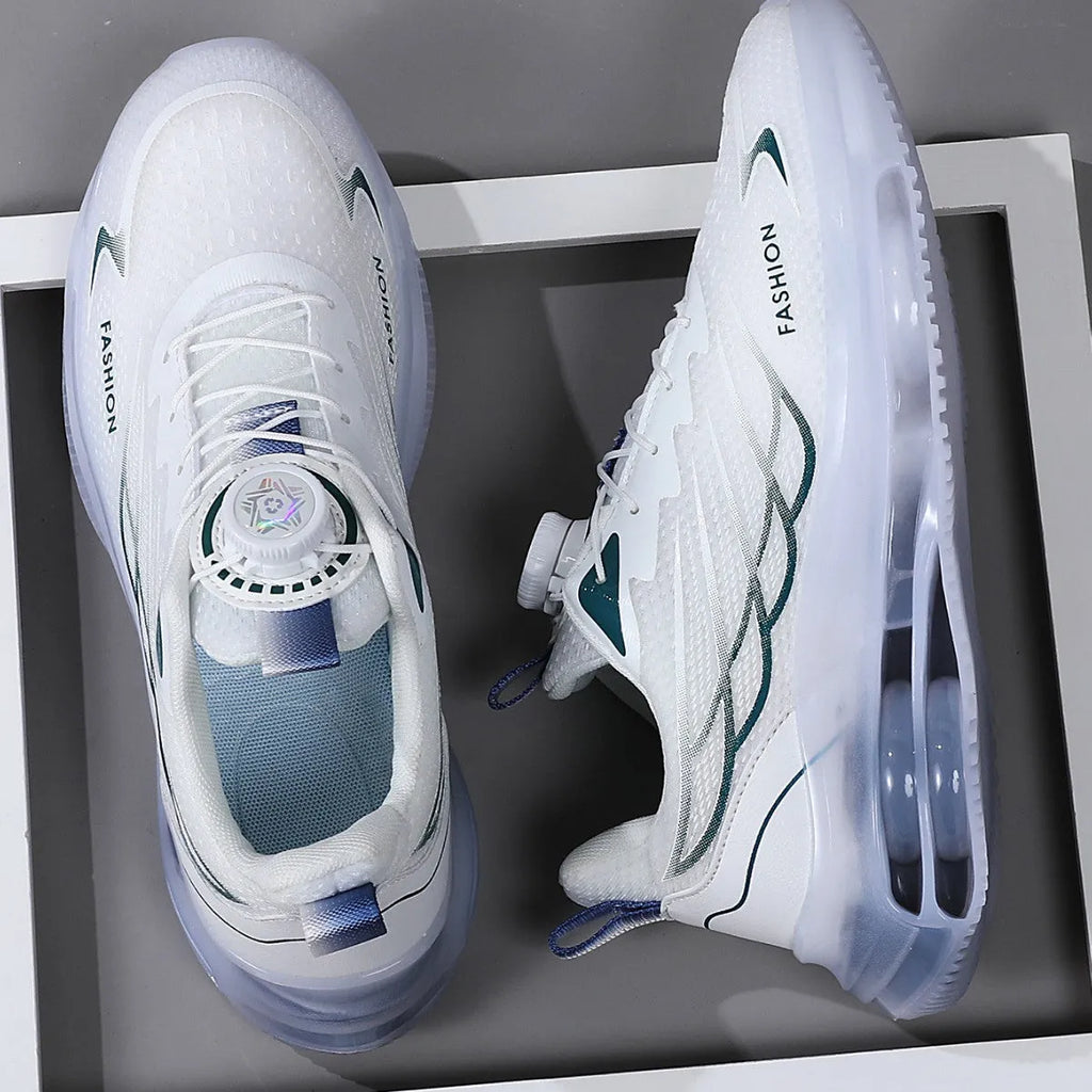 White Korean style men's casual trainers with rotating button lace-up closure and mesh upper