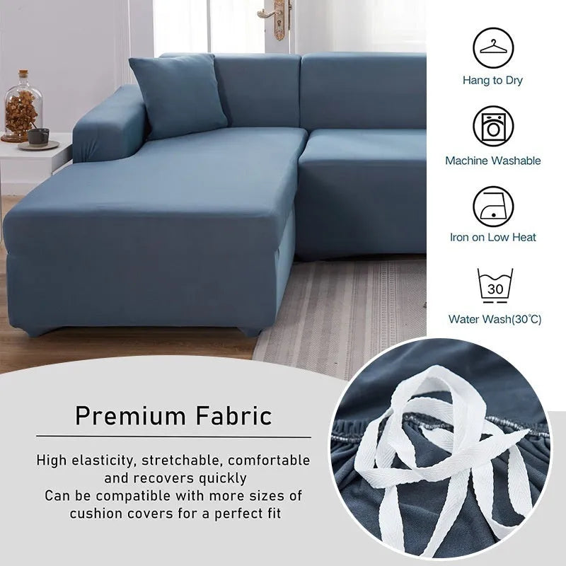 Nordic elastic polyester sofa cover set in solid colour, two pieces, for single to four person sofas, 90-300cm length distance