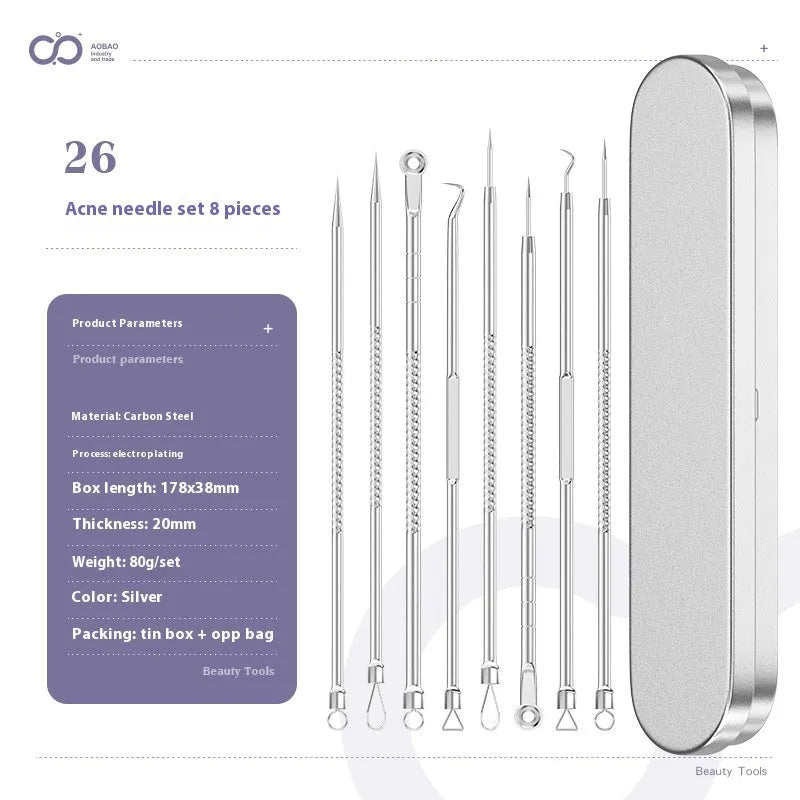 Four metal acne needle tools with pointed tips on a white background.