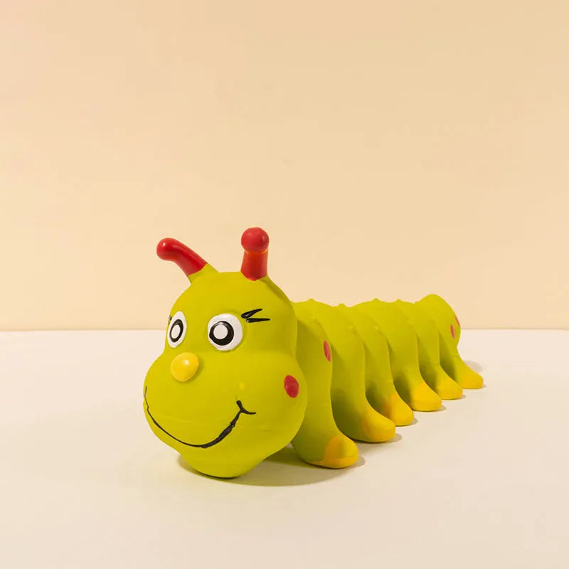 Yellow caterpillar-shaped rubber dog chew toy with squeaker for small medium dogs