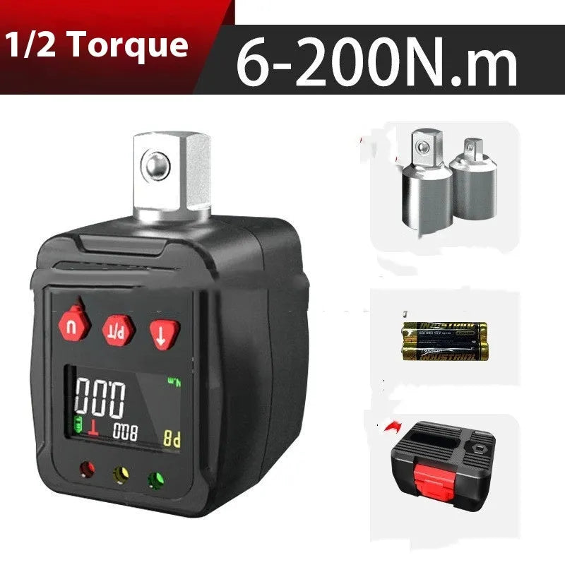 Digital torque meter with display screen on a 1/2-inch square drive, part of a three-piece set.