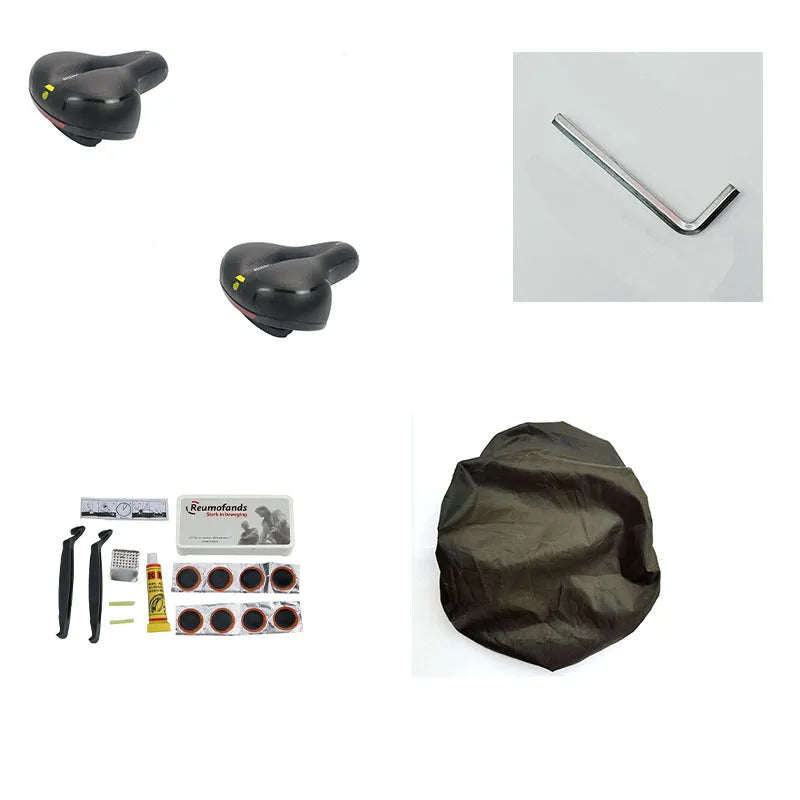 Bicycle saddle cushion with silicone padding and waterproof cover alongside wrench and patch kit