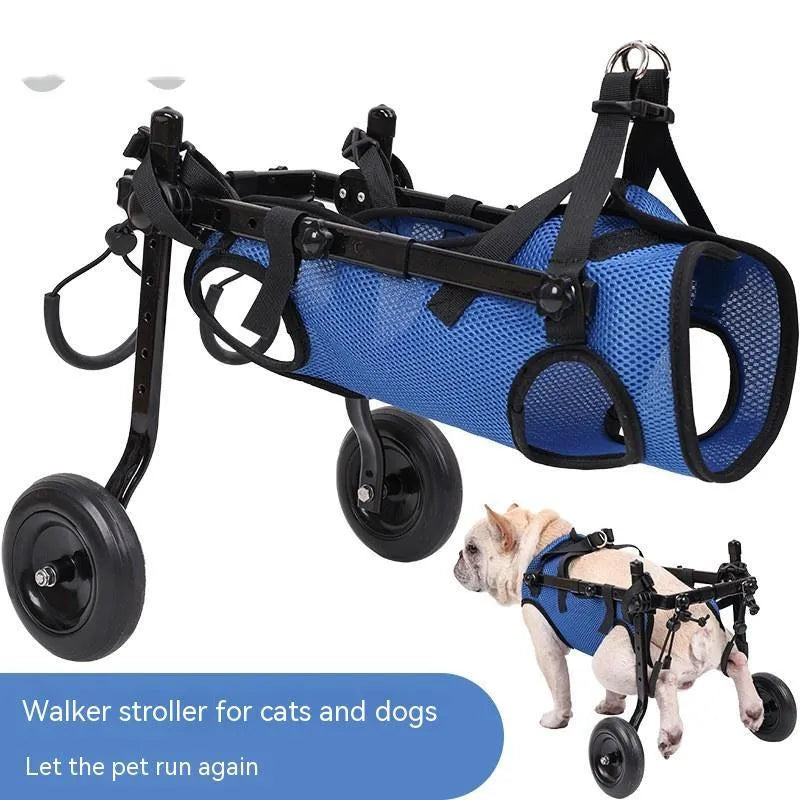 Blue dog wheelchair with aluminium alloy frame and polyester support, sizes XS to M