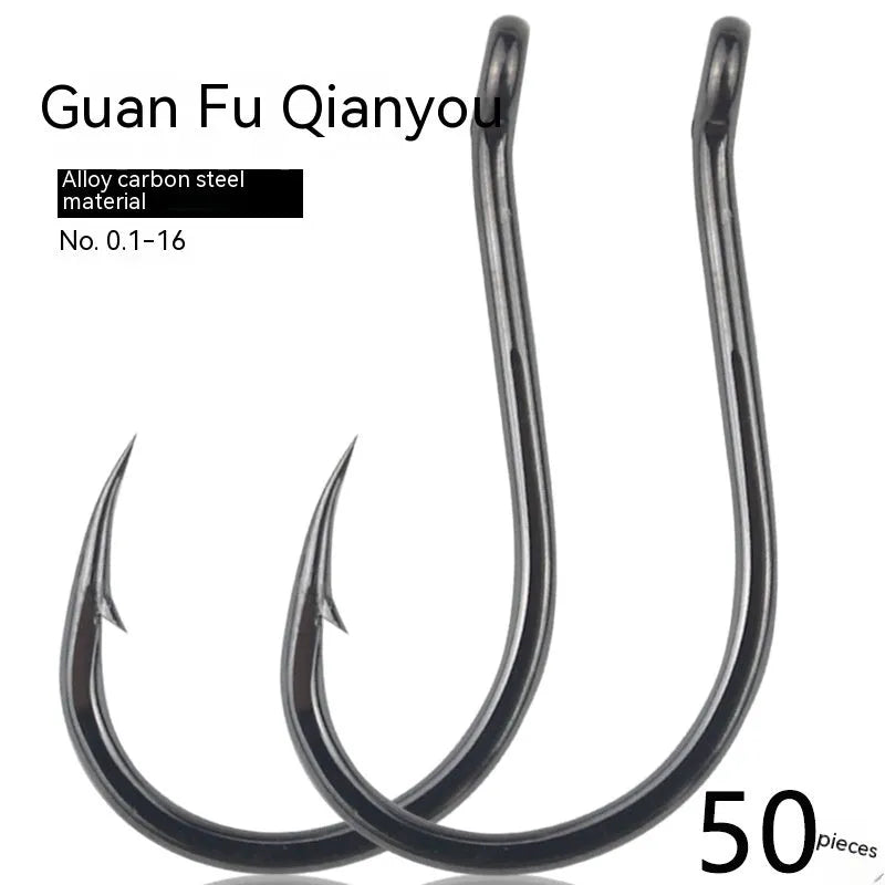 Barbed fishing hooks in various sizes from small to large on a blue background
