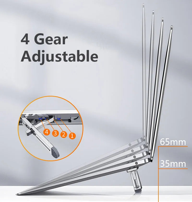 Aluminium alloy adjustable laptop cooling bracket in silver on a desk raising a notebook for better airflow and ergonomics