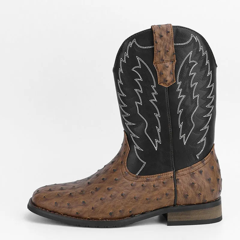Men's black square toe Western-style motorcycle boots with embroidery detail on a mid-calf shaft.
