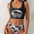 Women's coconut print bikini swimsuit with lace-up front on the top.