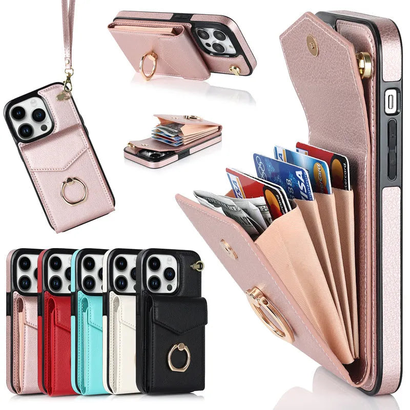 PU leather phone case with card slot and kickstand for iPhone, colour Black, handmade card-type design