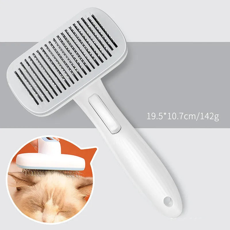 Blue automatic pet hair removal comb on a table, showing its size and one-click button.