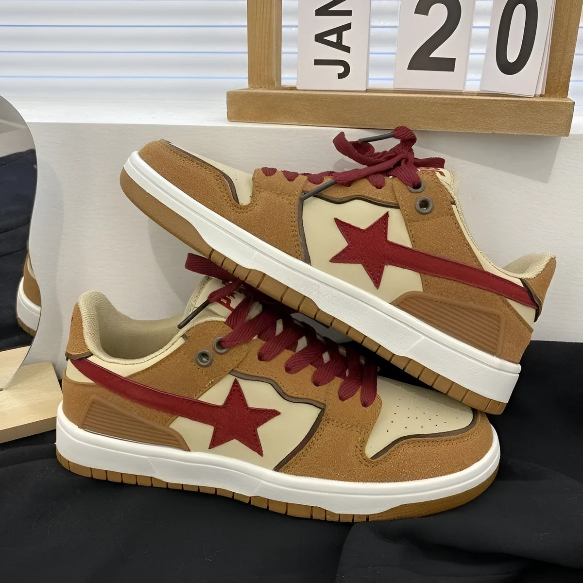 Brown women's platform sneakers with sequin details and rubber soles