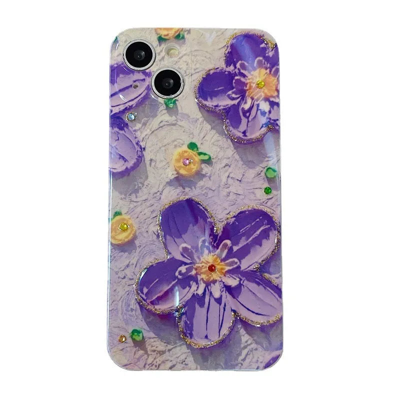 Soft rubber phone case with oil painting flower design and blue light effect featuring diamond drop glue detailing