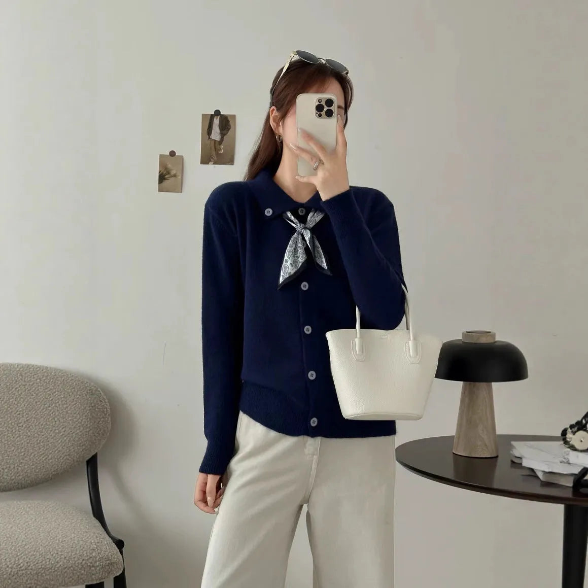 Lapel collar open front cardigan sweater in milky white acrylic knit