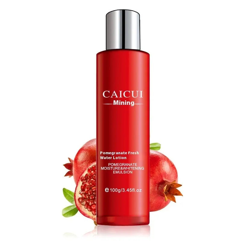 Pomegranate skincare set with four red bottles: face wash, toner, lotion and facial cream